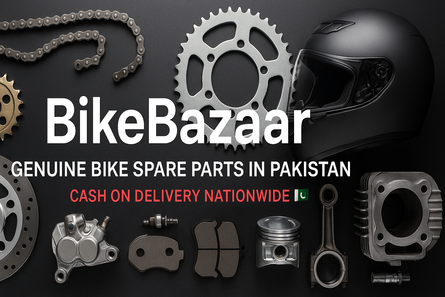 A wide, professional e-commerce banner (1920x600) featuring high-quality motorcycle spare parts (chains, sprockets, brakes, helmet, and engine parts) arranged neatly on a sleek dark background with metallic accents. Add bold modern text in white and red: “BikeBazaar – Genuine Bike Spare Parts in Pakistan | Cash on Delivery Nationwide 🇵🇰”. The design should look premium, trustworthy, and eye-catching, suitable for a Shopify online store homepage.